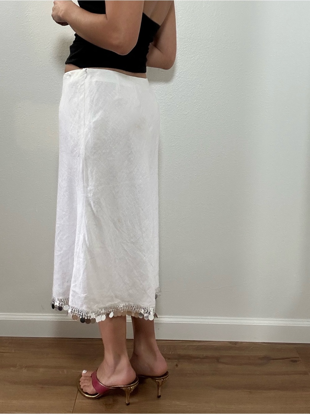 Richard Malcolm Irish Linen White Midi Skirt with Silver Sequin Trim Size 10 - Picture 4 of 14